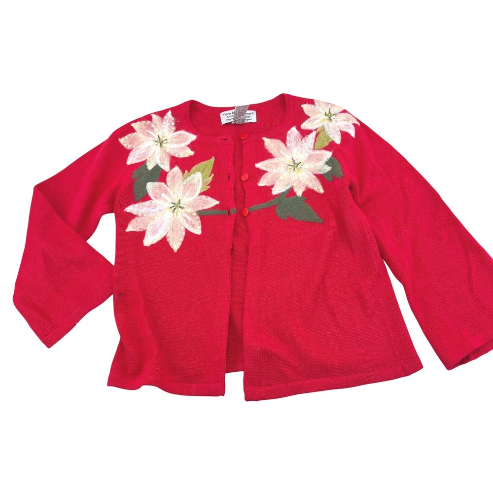 Tiara International Christmas Collection Pink Poinsettia Cardigan Sweater Size S